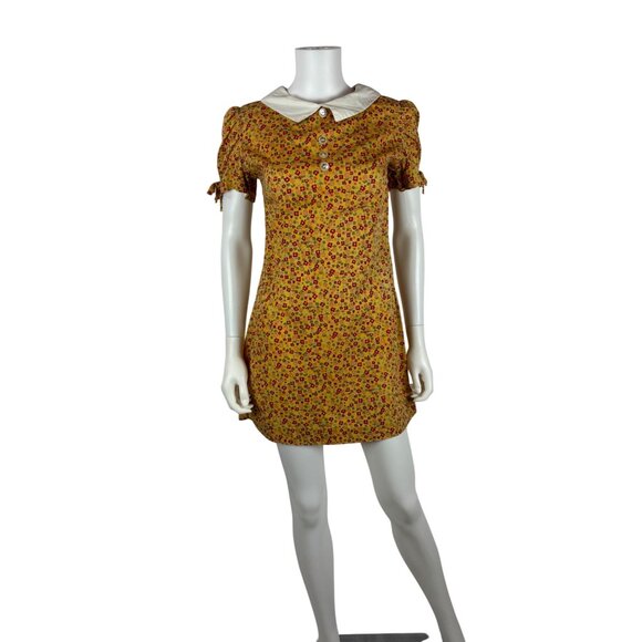 Vintage Dresses & Skirts - Vintage 60s Mod Mini Dress Womens Small Yellow Floral Peter Pan Collar Handmade